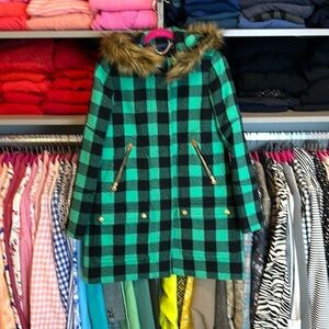 J Crew Italian Stadium Cloth 80% wool green/black gingham hooded coat size 0